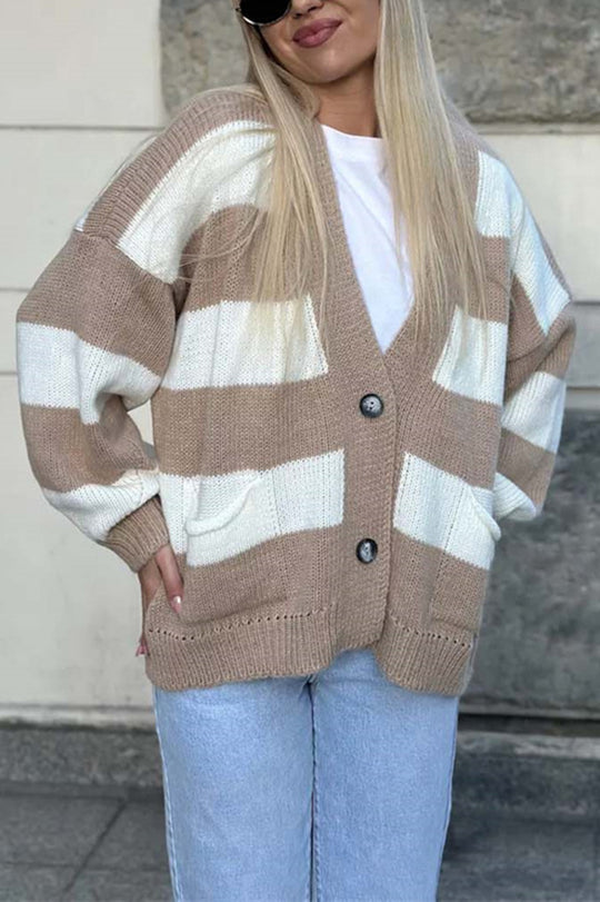 Stilla | Stribet Casual Cardigan Med Lange Ærmer, Lommer Og V-udskæring