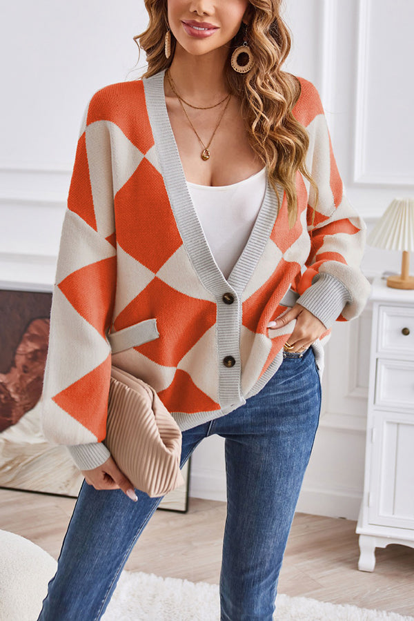 Stilla | Hals geometrisk patchwork kontraststrik cardigan casual løs jakke