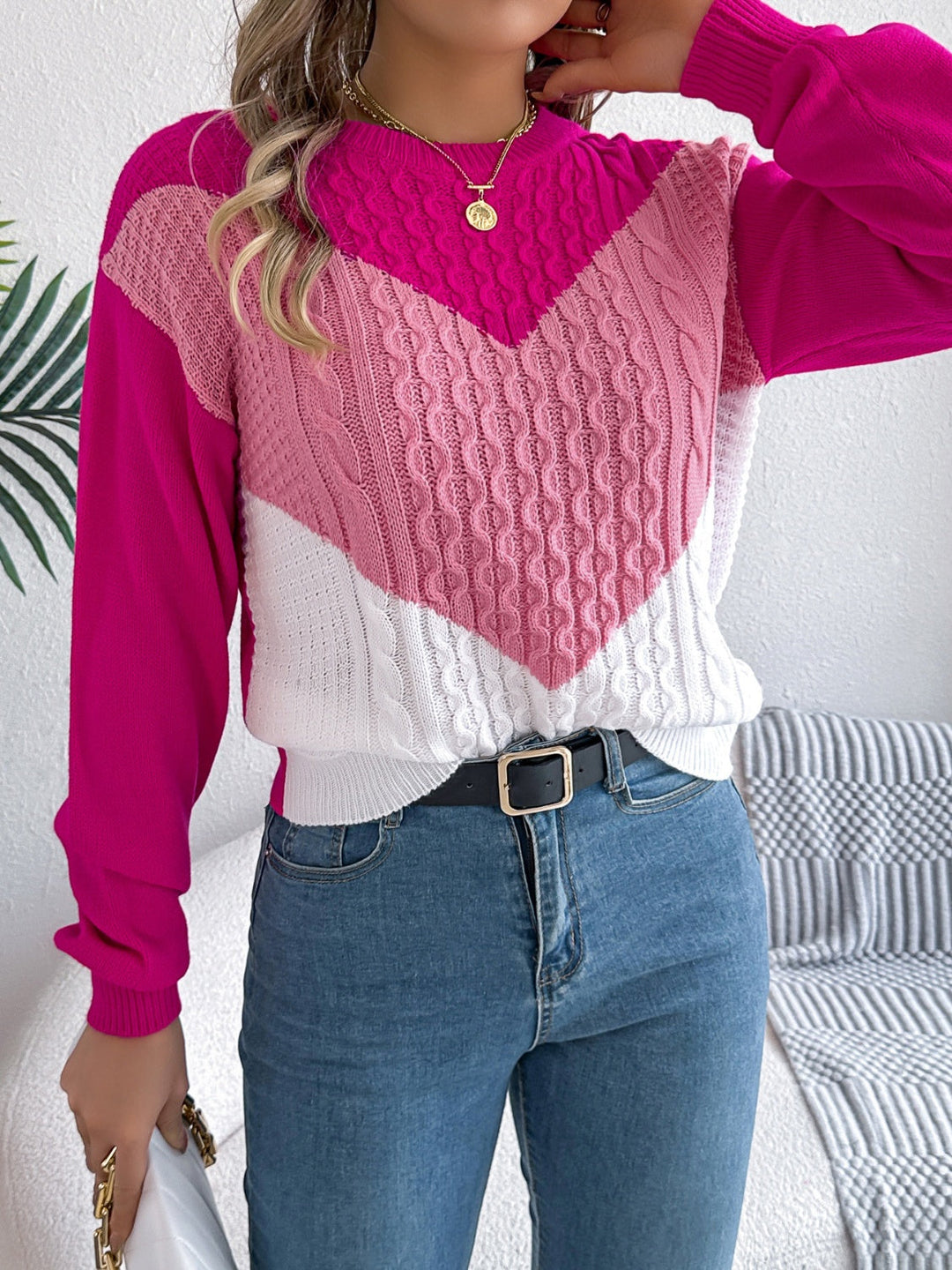 Stilla | Pullover med kontrasterende lange ærmer og rund hals