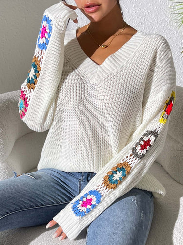Stilla | Sweater V-udskæring med Hæklede Blomster-Mønster