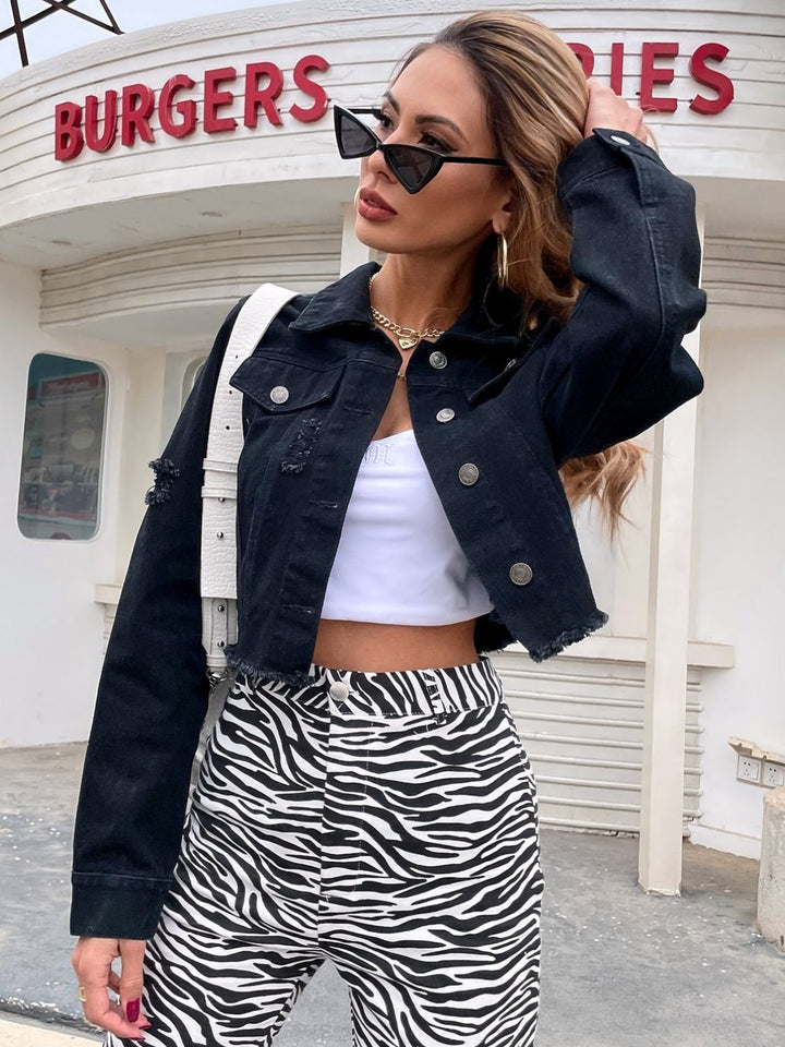 Stilla | Jeans Cropped Top Med Rå Kant og Rå Krave
