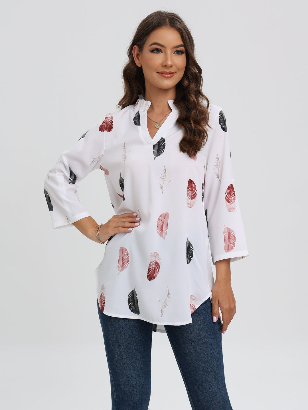 Stilla | Bluse V Udsnit Tryk Fjer