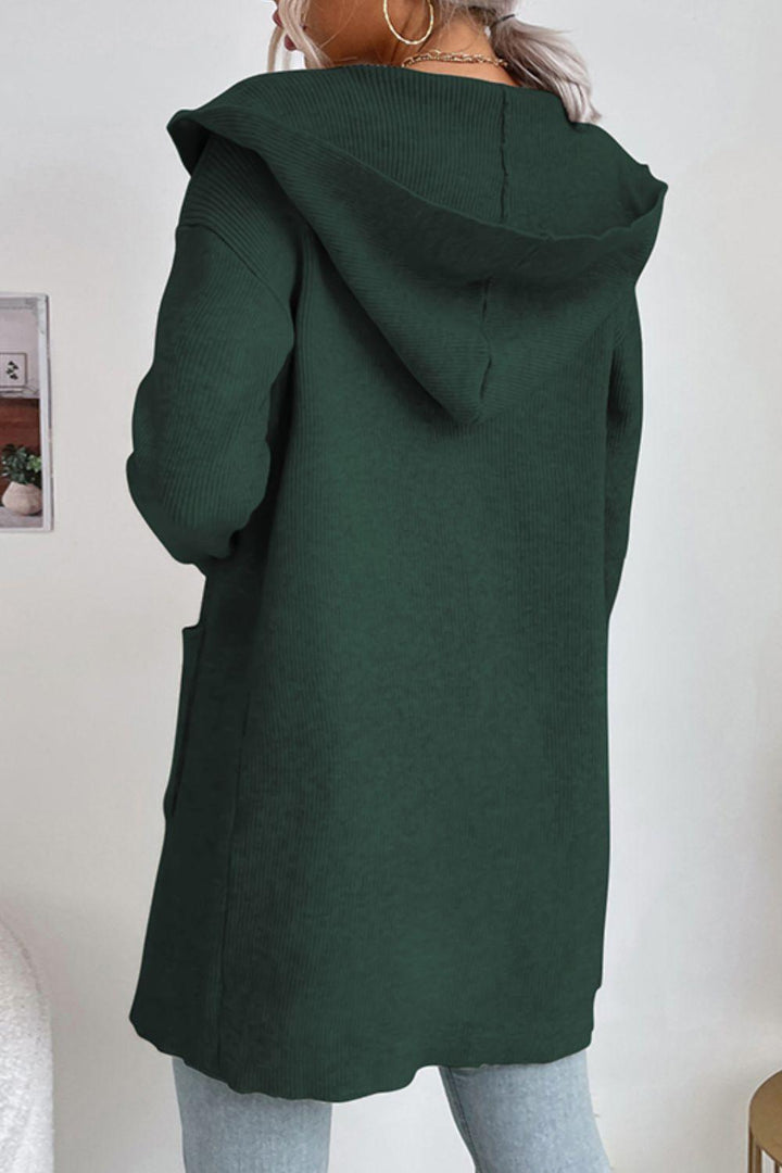 Stilla | ribbet åben-front cardigan med hætte og lommer