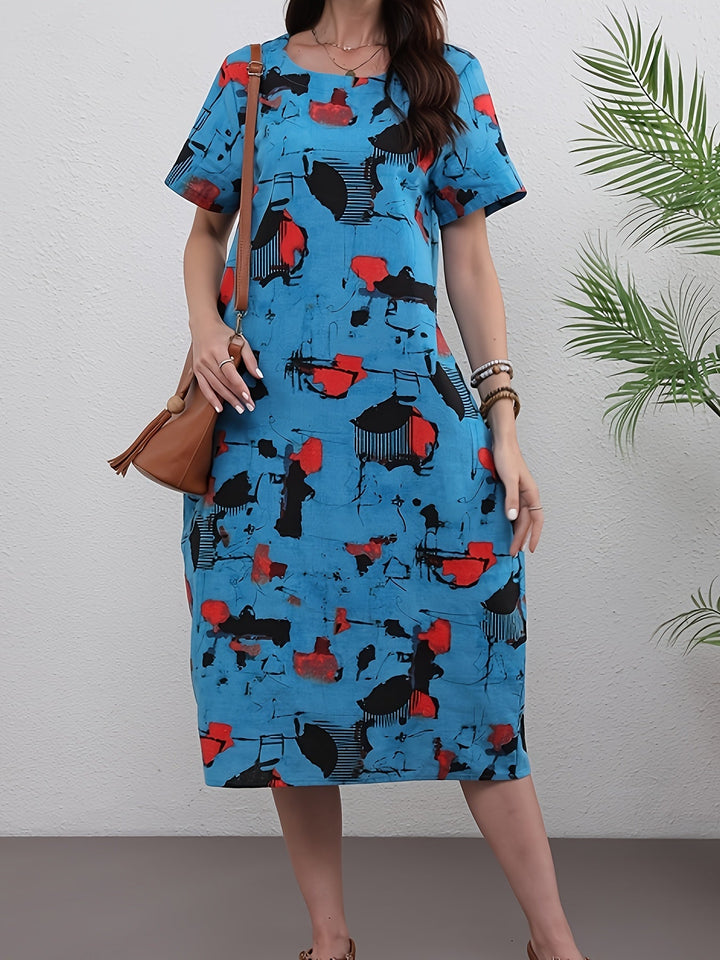 Stilla | Elegant Linned Midi Kjole Med Markant Abstrakt Mønster
