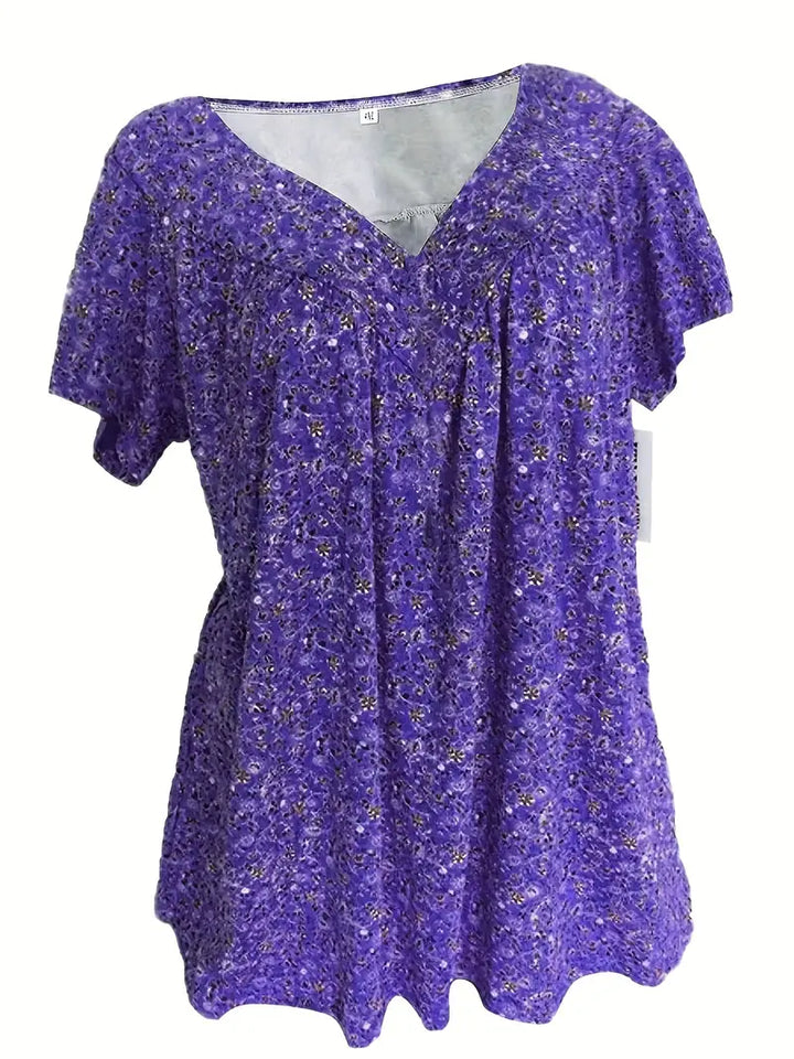 Stilla | Blomster Charm Plus Size V-Hals T-Shirt Med Korte Ærmer Boho T-Shirt