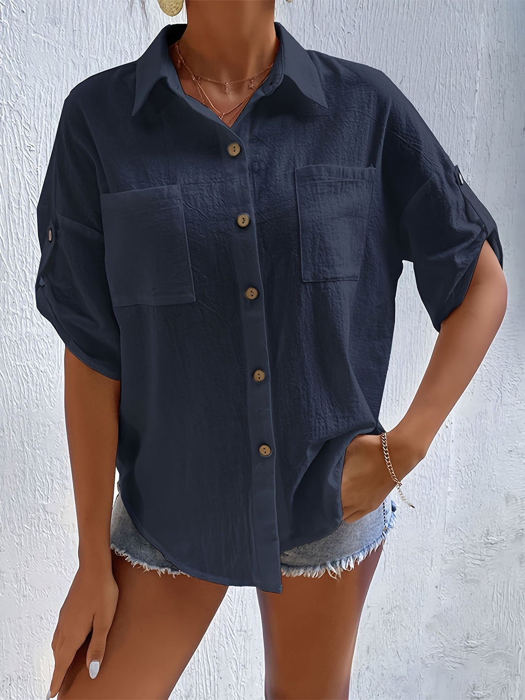 Stilla | Dam Linen Bluse Med Kortærmer Og Knaplukning
