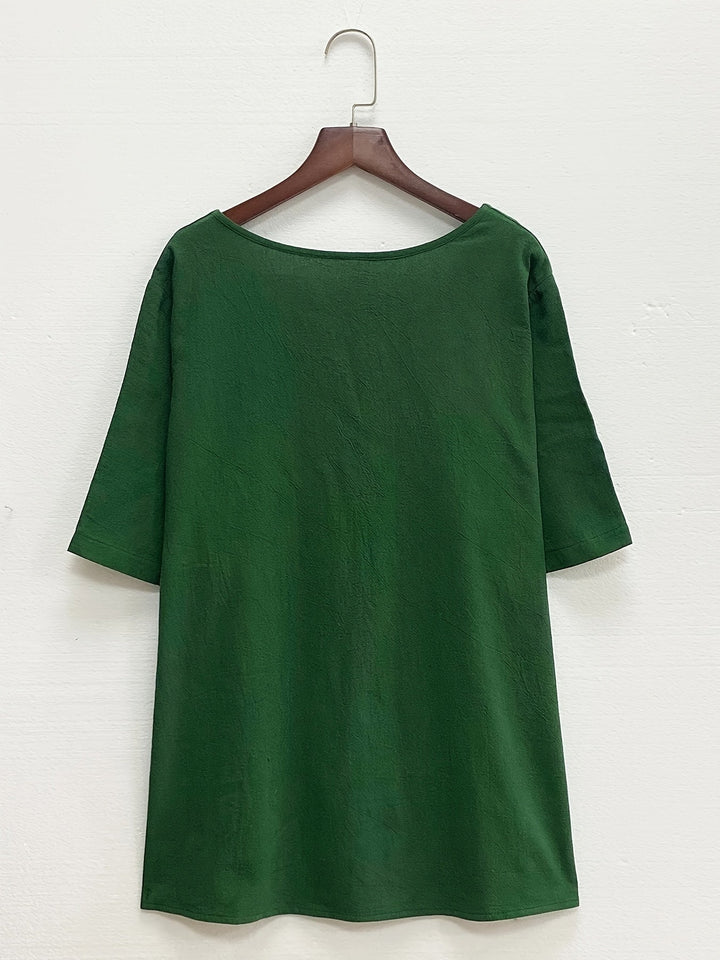 Stilla | Dame Linned Bluse Plus Size Afslappet Pullover Skjorte Med Korte Ærmer Og Tryk