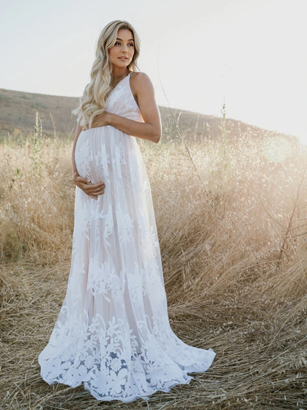 Stilla | Kjole Til Fotoshoot Net Broderi Maxi Maternitet Kjole Elegante Festkjole