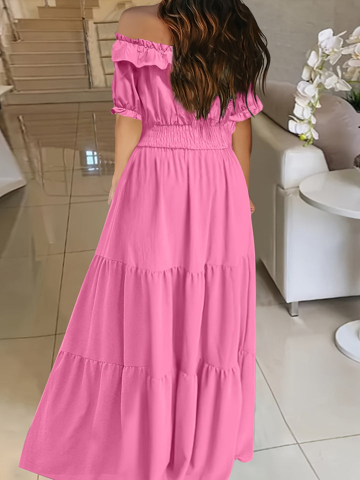 Stilla | Sommerkjole Med Bare Skuldre. Elegant Maxikjole Med Flæser