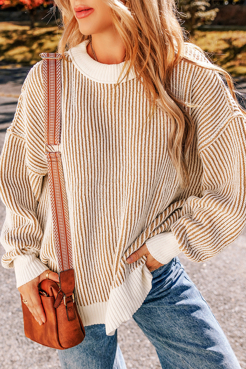 Stilla | Bredstribet Pullover i Lysrosa Med Kontrastfarvet Kant