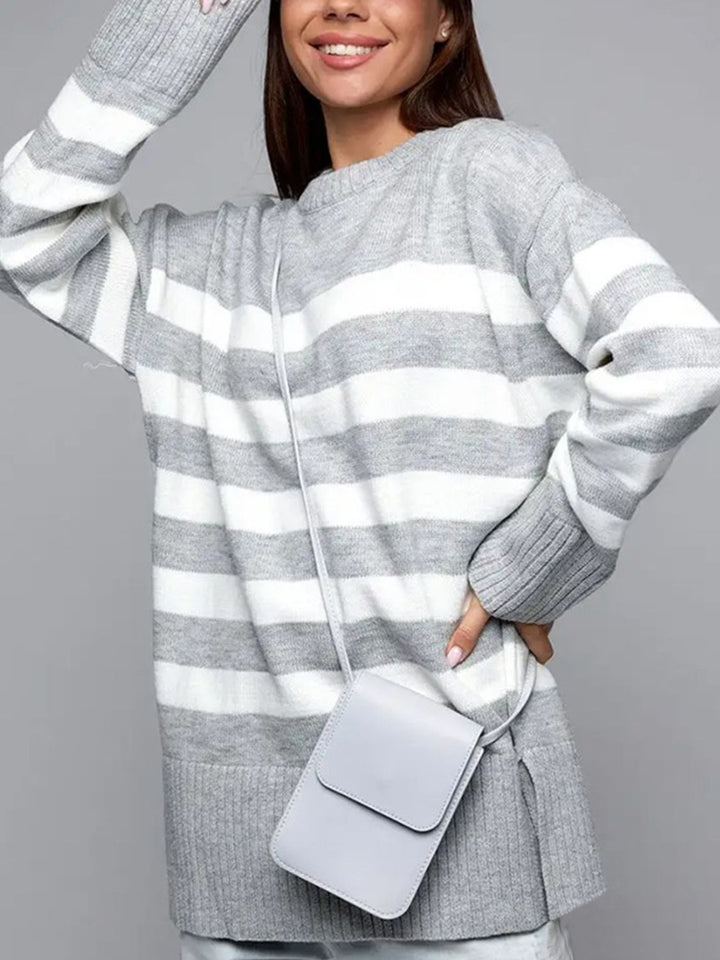 Stilla | Stribet Pullover Med Rund Hals og Slids