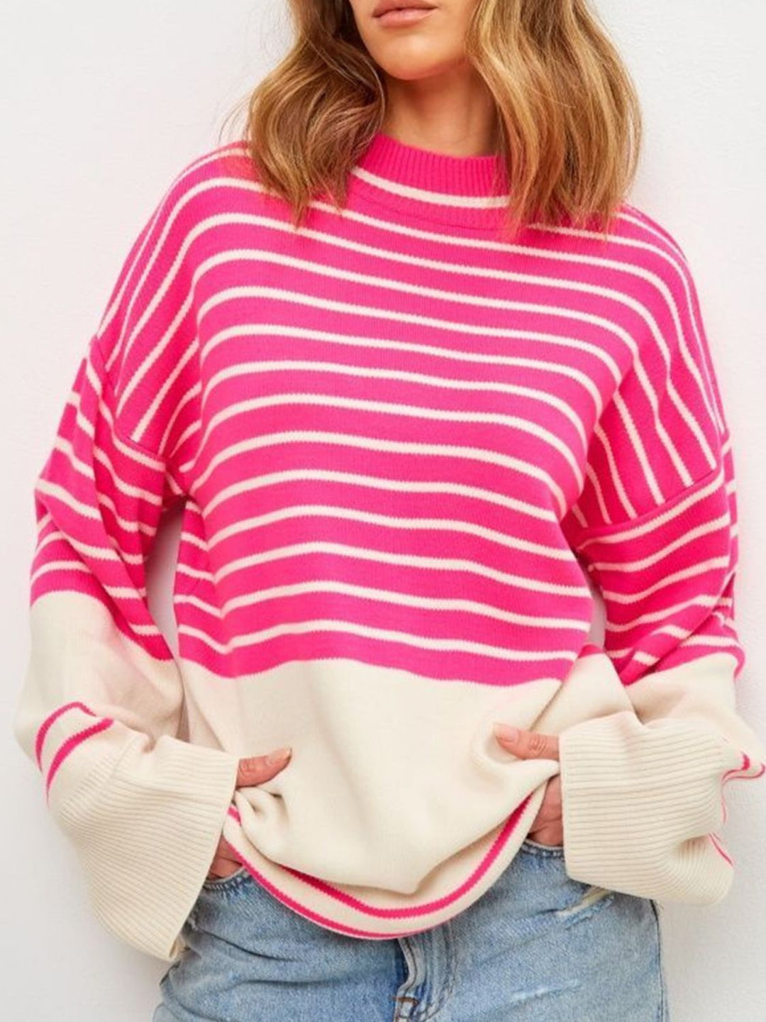 Stilla | Stribet Pullover Med Lange Ærmer og Ståkrave