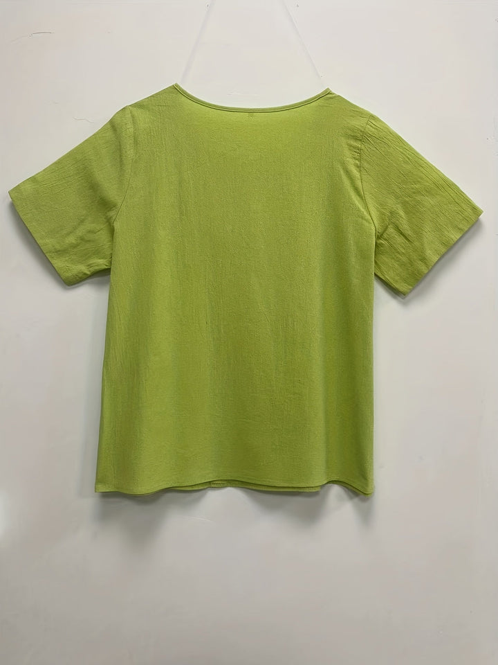 Stilla | Dame Linned Bluse Plus Size Afslappet Pullover Skjorte Med Korte Ærmer Og Tryk