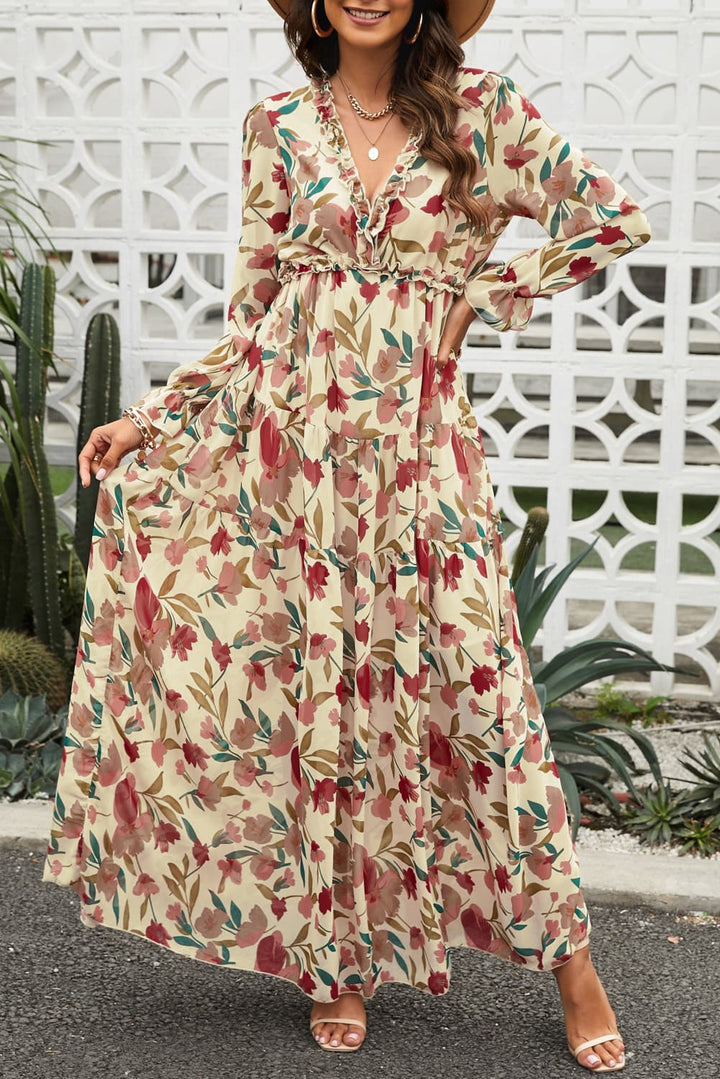 Stilla | Flæse Trim Flounce Ærme Plunge Maxi Kjole