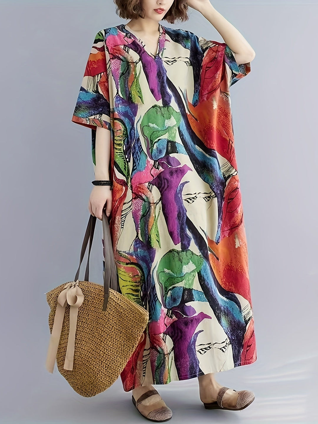 Stilla | Letende Boho Kaftan Kjole Plus Size, V-Hals, Lommer Og Perfekt Til Sommer Og Ferie