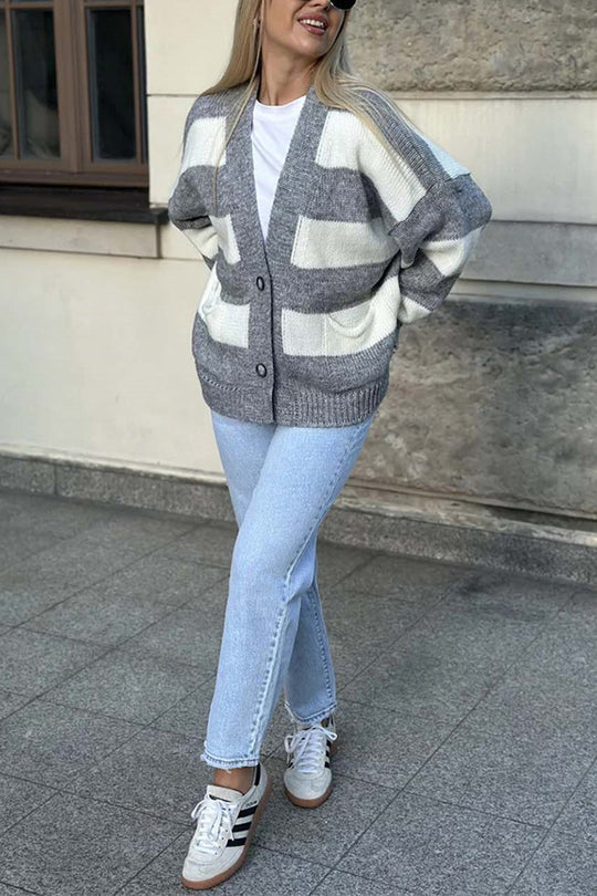 Stilla | Stribet Casual Cardigan Med Lange Ærmer, Lommer Og V-udskæring