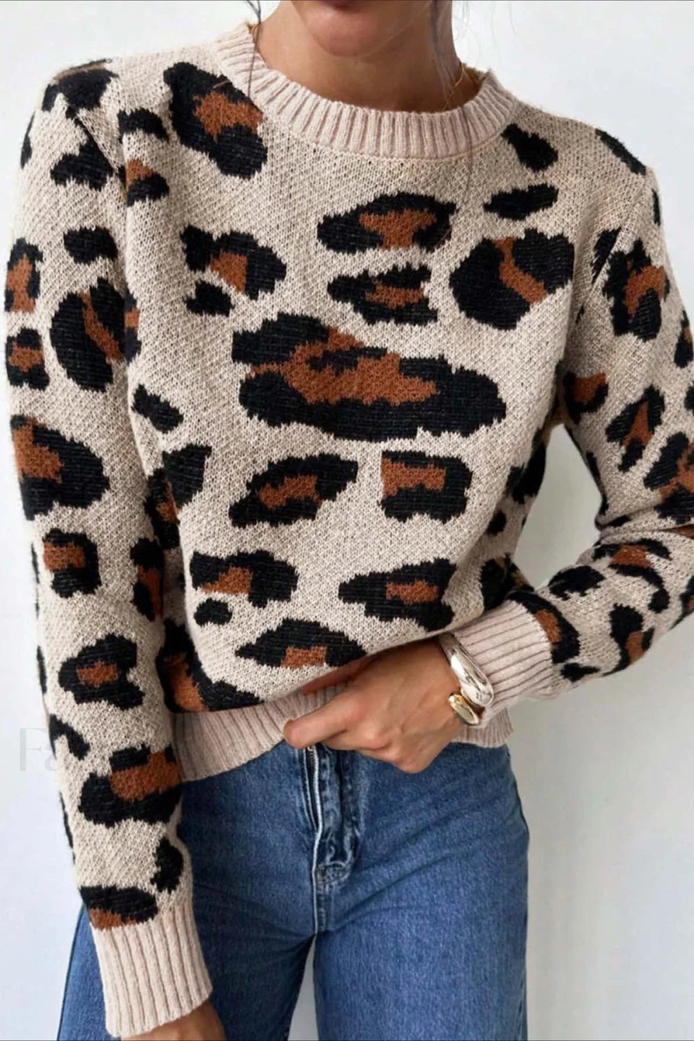 Stilla | Pullover med rund hals og leopardmønster i blokfarver