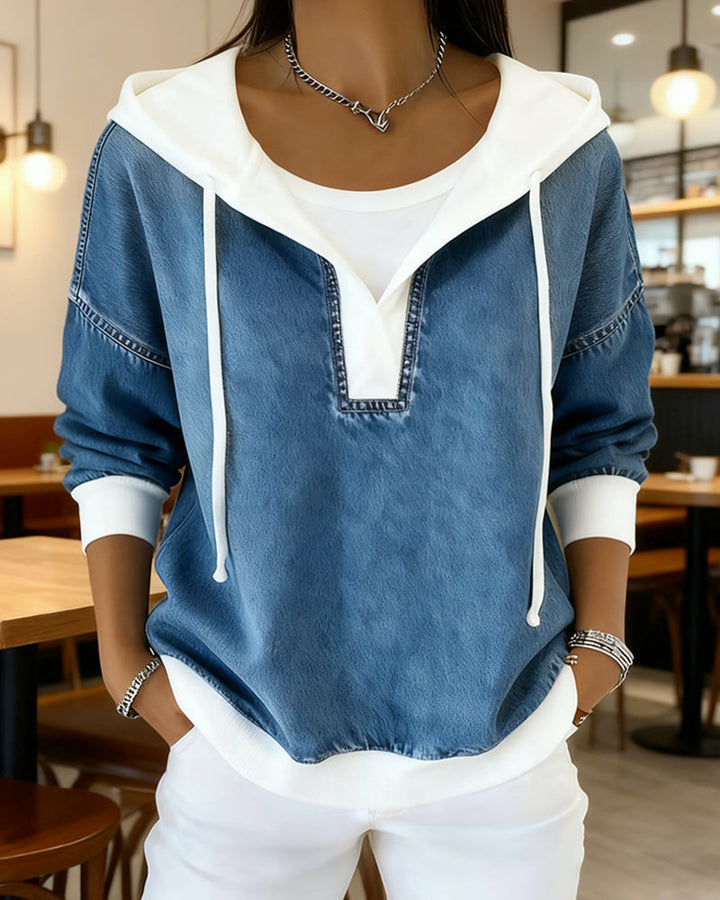 Stilla | Sweatshirt med snøring og denimindsatser