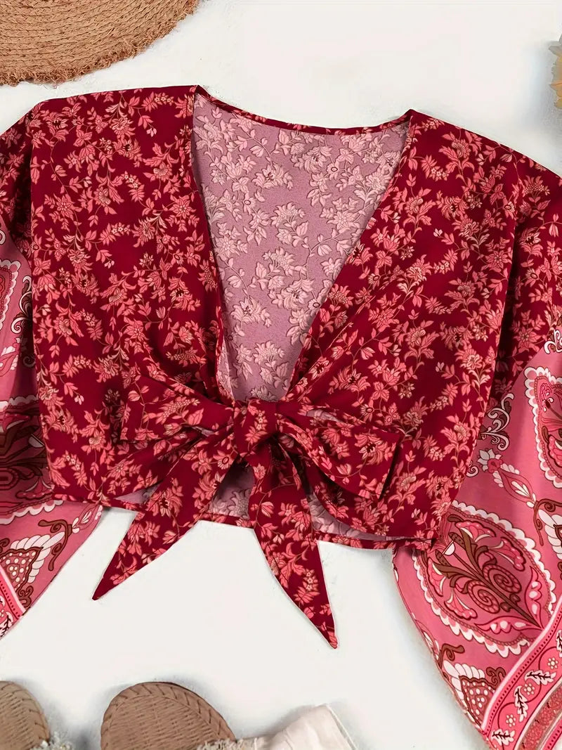 Stilla | Bluse Kort Med Tribal Print Og Knude Front
