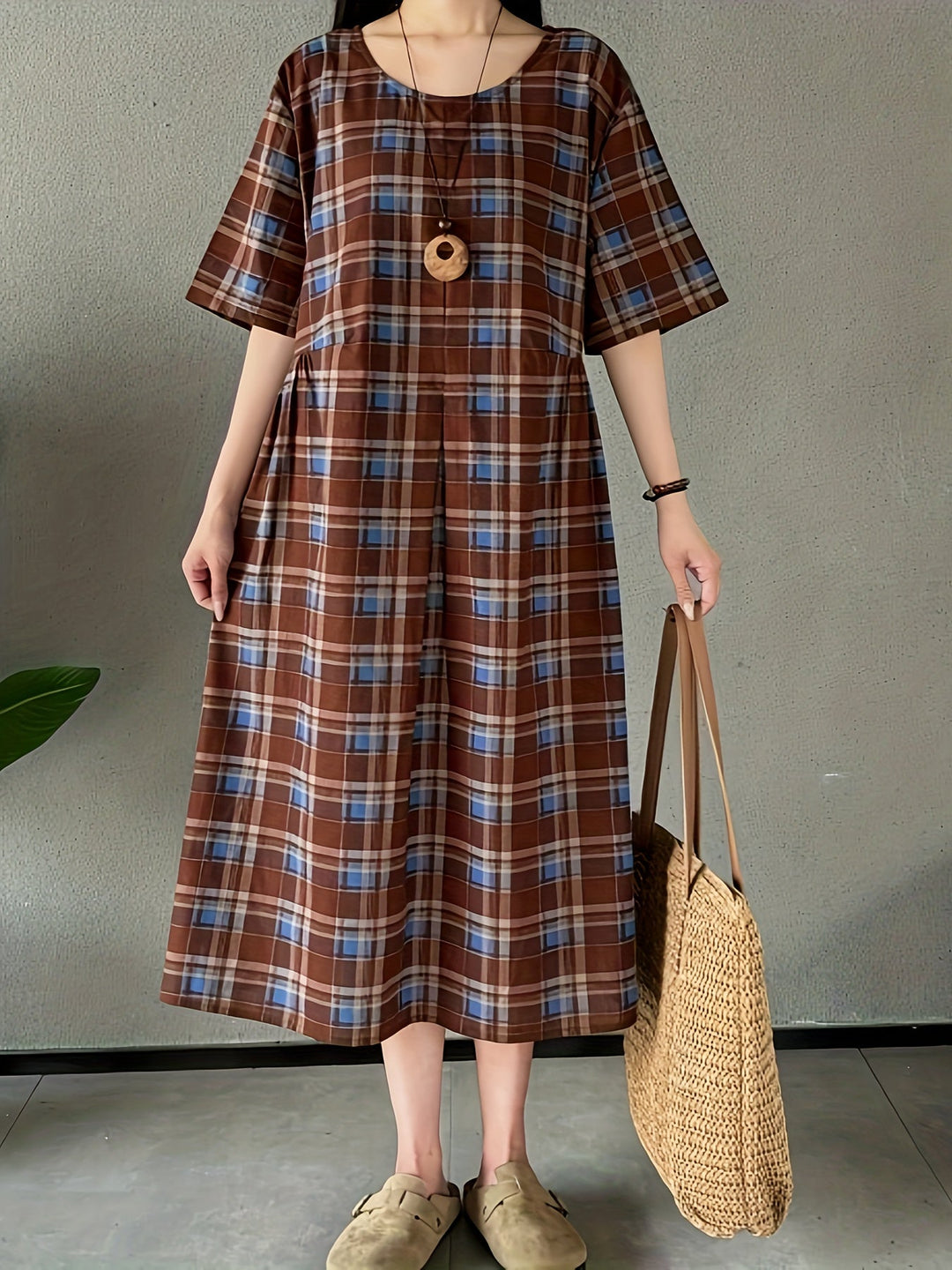 Stilla | Linned Kjole Med Tern Boho Stil Plus Size, Med Rund Hals Og Lommer