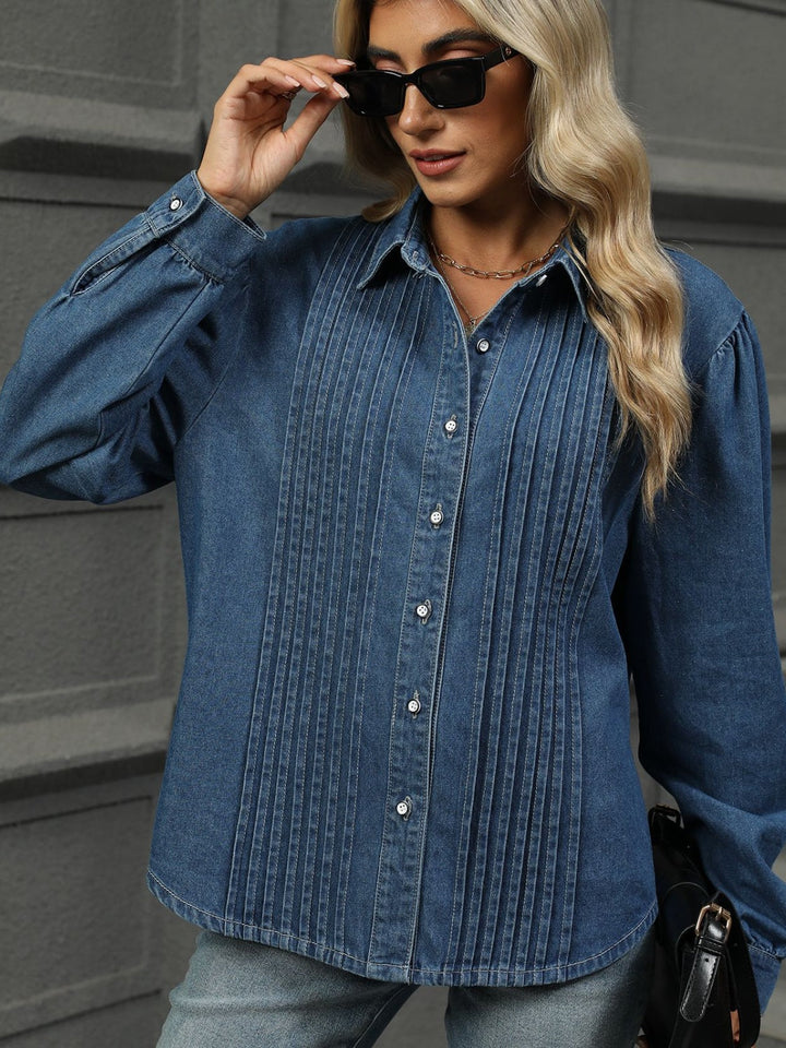 Stilla | Langærmet Jeansbluse Med Knapliste og Krave