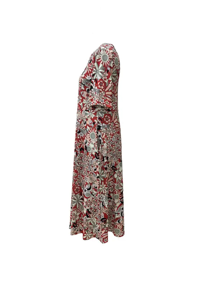 Stilla | Dekoreret Blomster Midi Kjole Med V-Hals, Asymmetrisk Bund Og Sidelommer