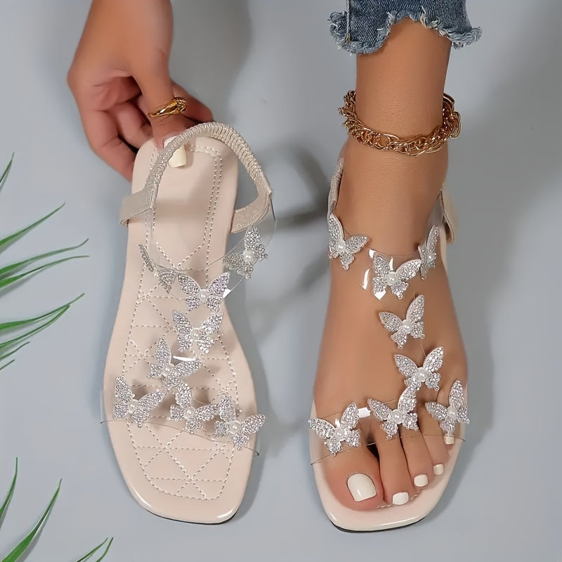 Stilla | Flade Sandaler Med Sommerfugle Af Rhinestones Til Kvinder, Lette Til Sommer