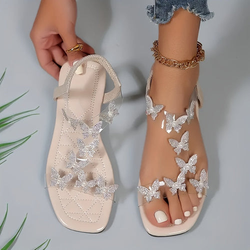 Stilla | Flade Sandaler Med Sommerfugle Af Rhinestones Til Kvinder, Lette Til Sommer