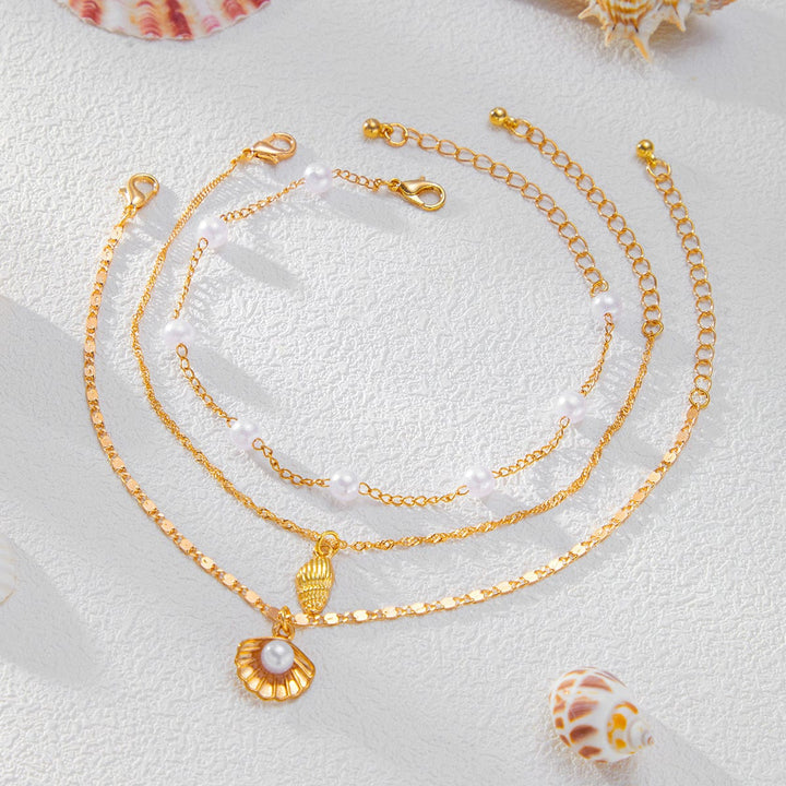 Strandstil Lagdelt Conchsnegl Charms Perlekæde Anklet