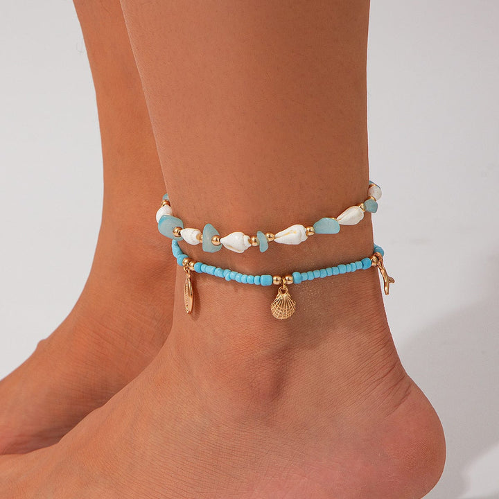 Strandstil Lagdelt Conch Søstjerne Charms Turkis Frøperle Anklet Sæt