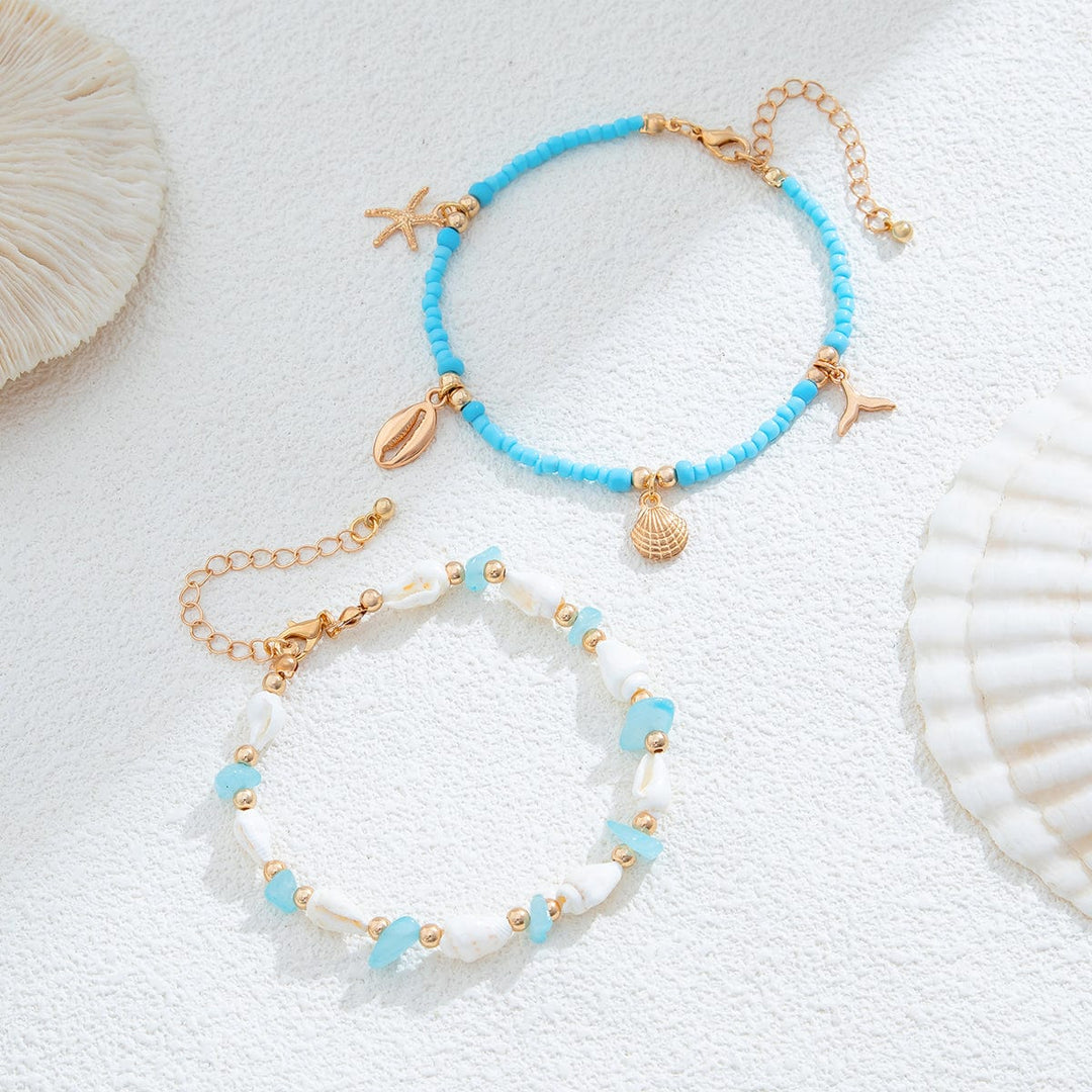 Strandstil Lagdelt Conch Søstjerne Charms Turkis Frøperle Anklet Sæt