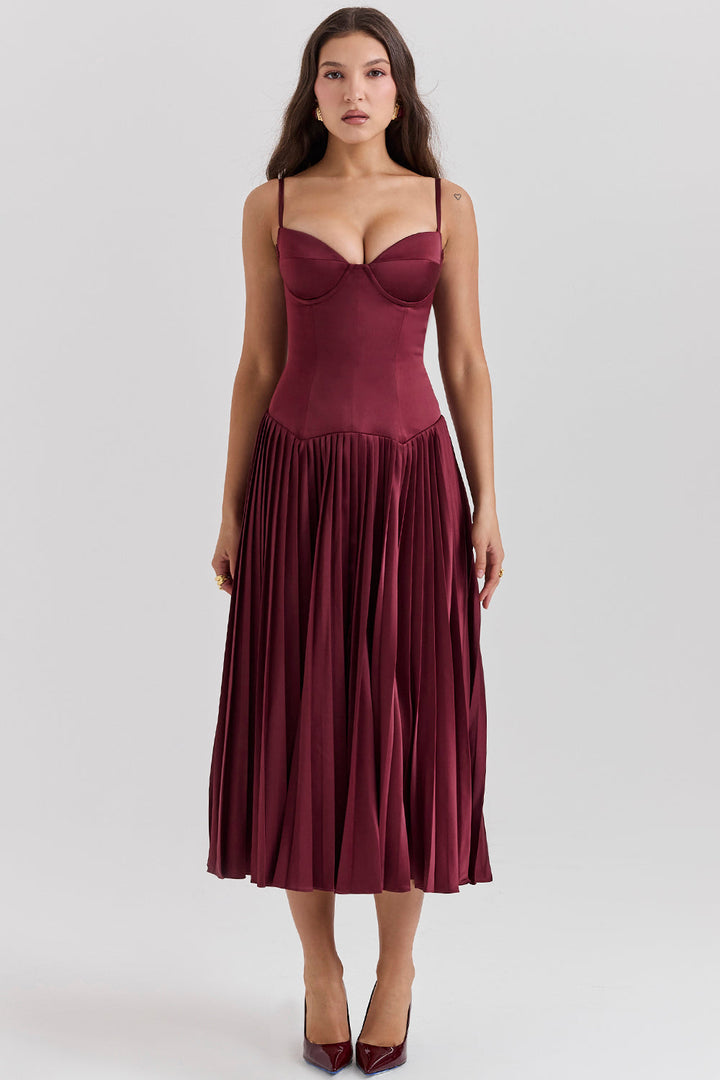 Stilla | Vin Satin Plisseret Midikjole