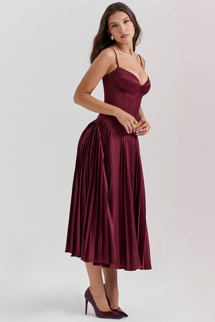 Stilla | Vin Satin Plisseret Midikjole