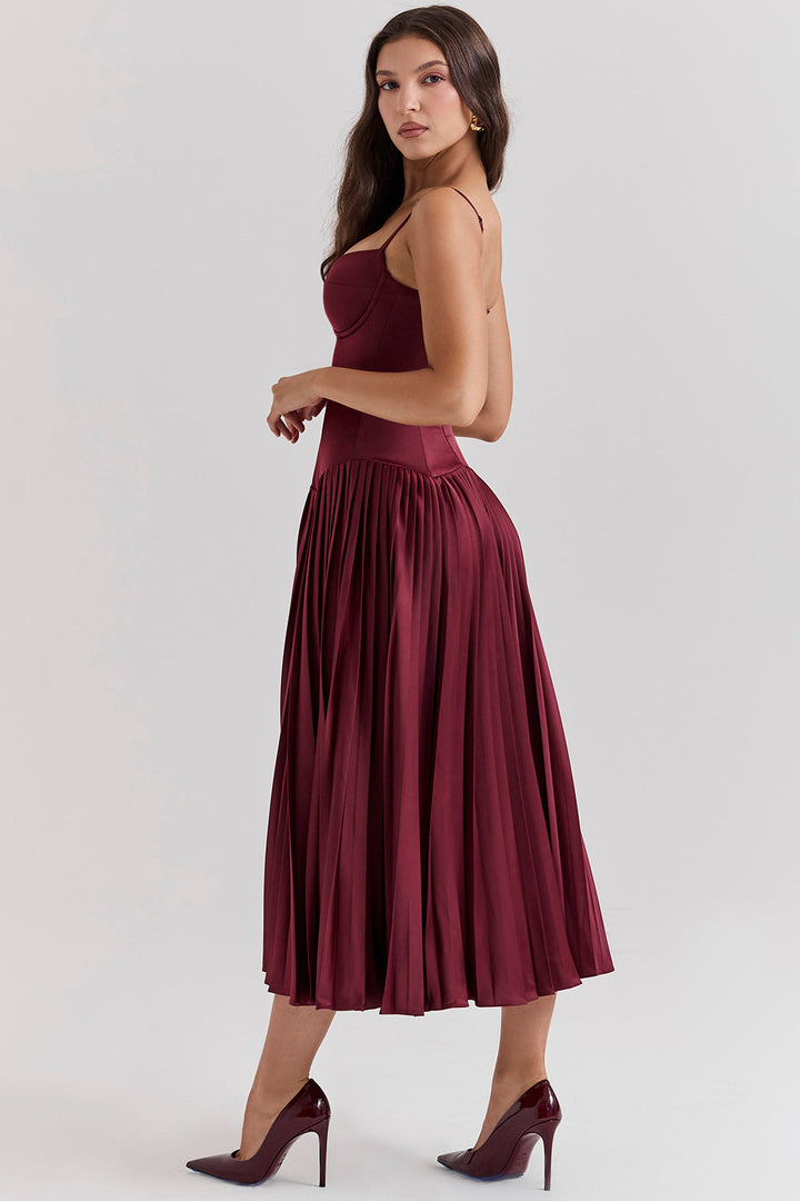 Stilla | Vin Satin Plisseret Midikjole
