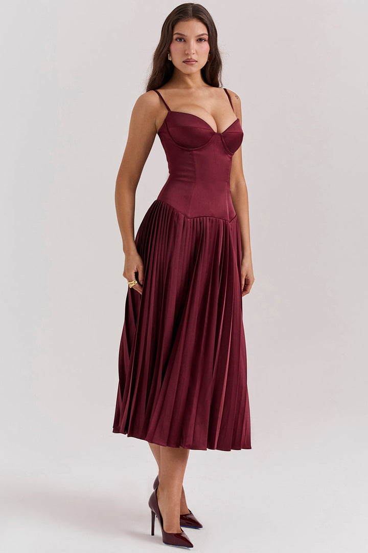 Stilla | Vin Satin Plisseret Midikjole