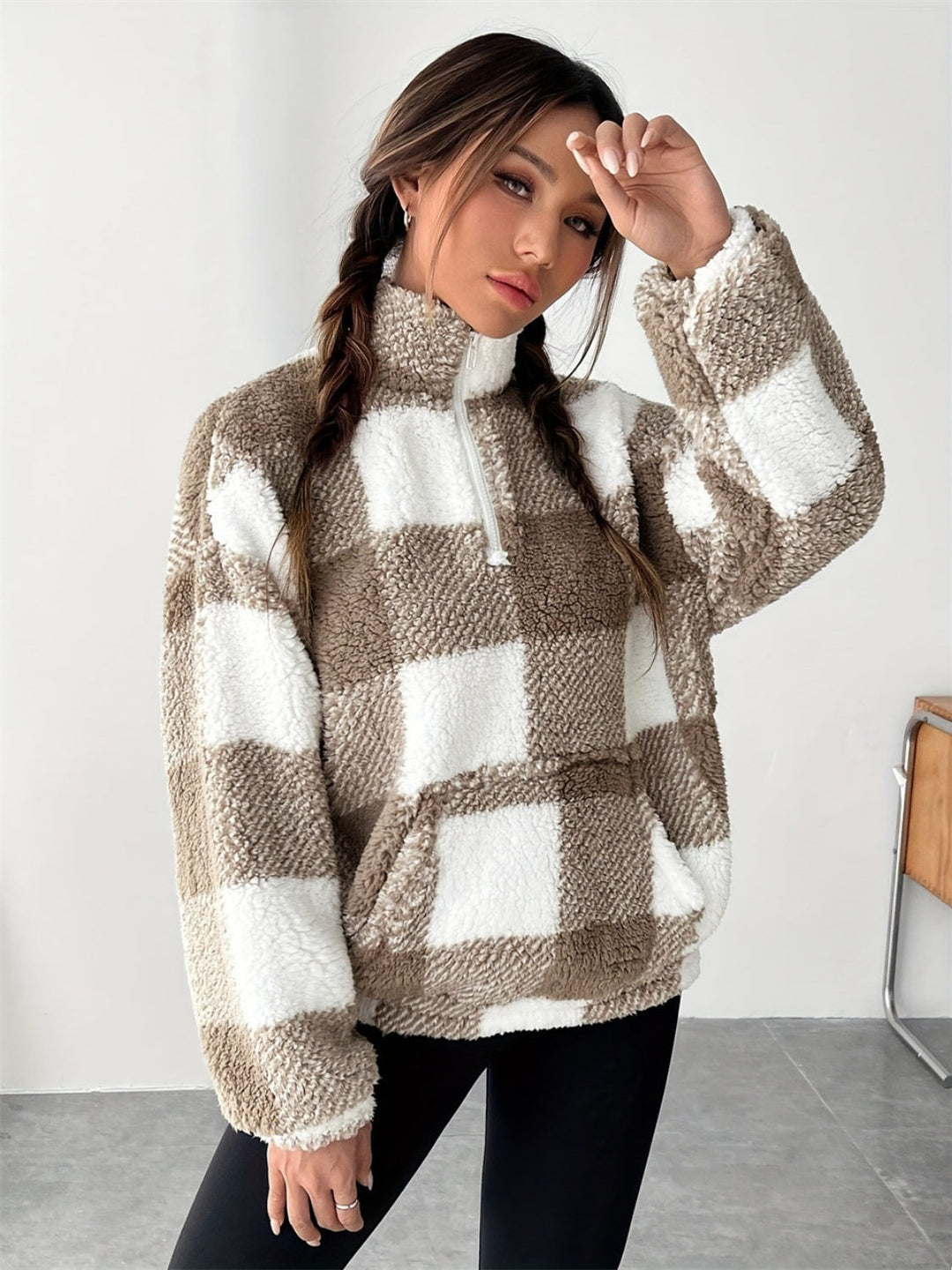 Stilla | Sweatjakke Teddy Med Lange Ærmer og Halvlynlås Med Ruder