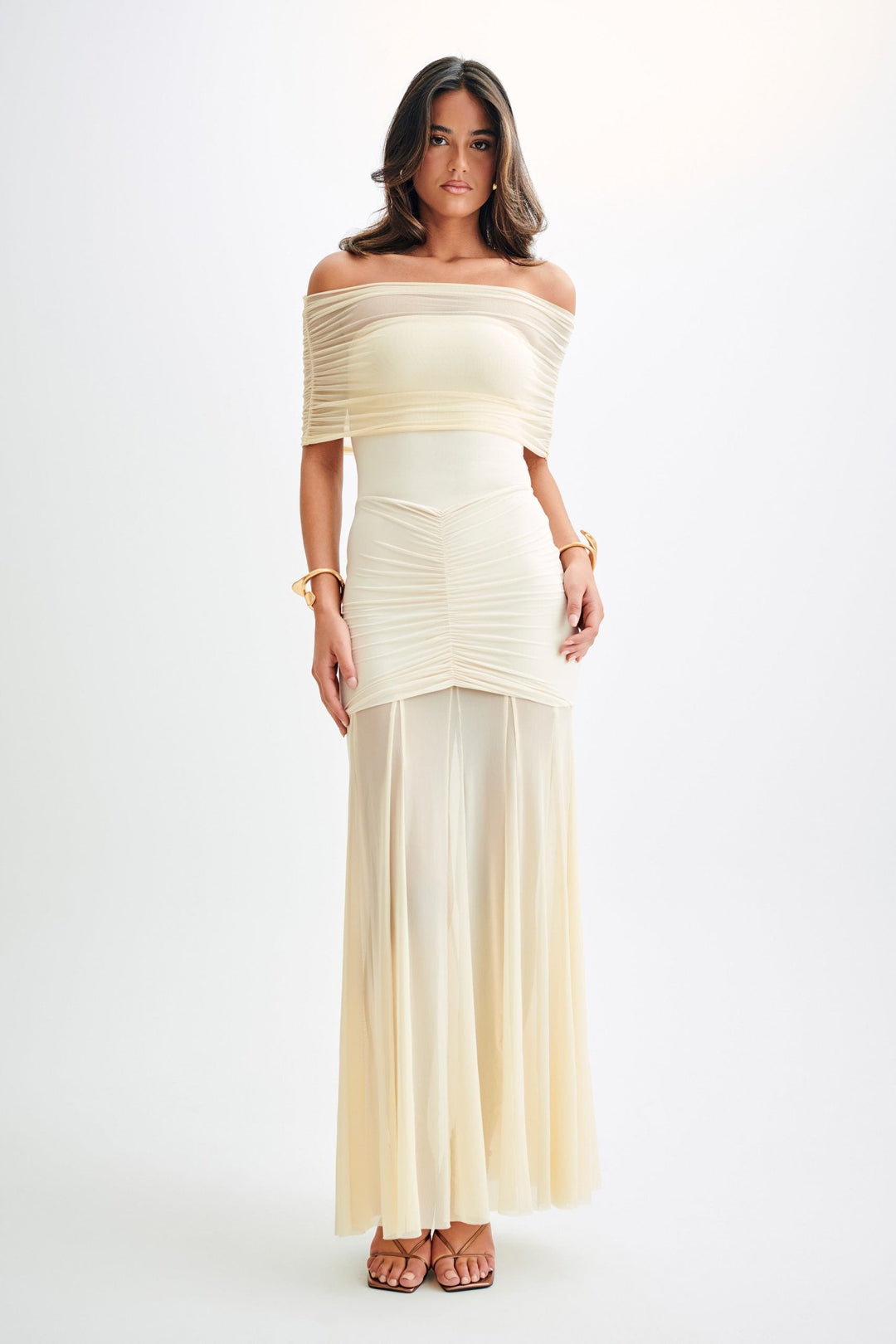 Stilla | Mesh Off Shoulder Maxikjole Beige