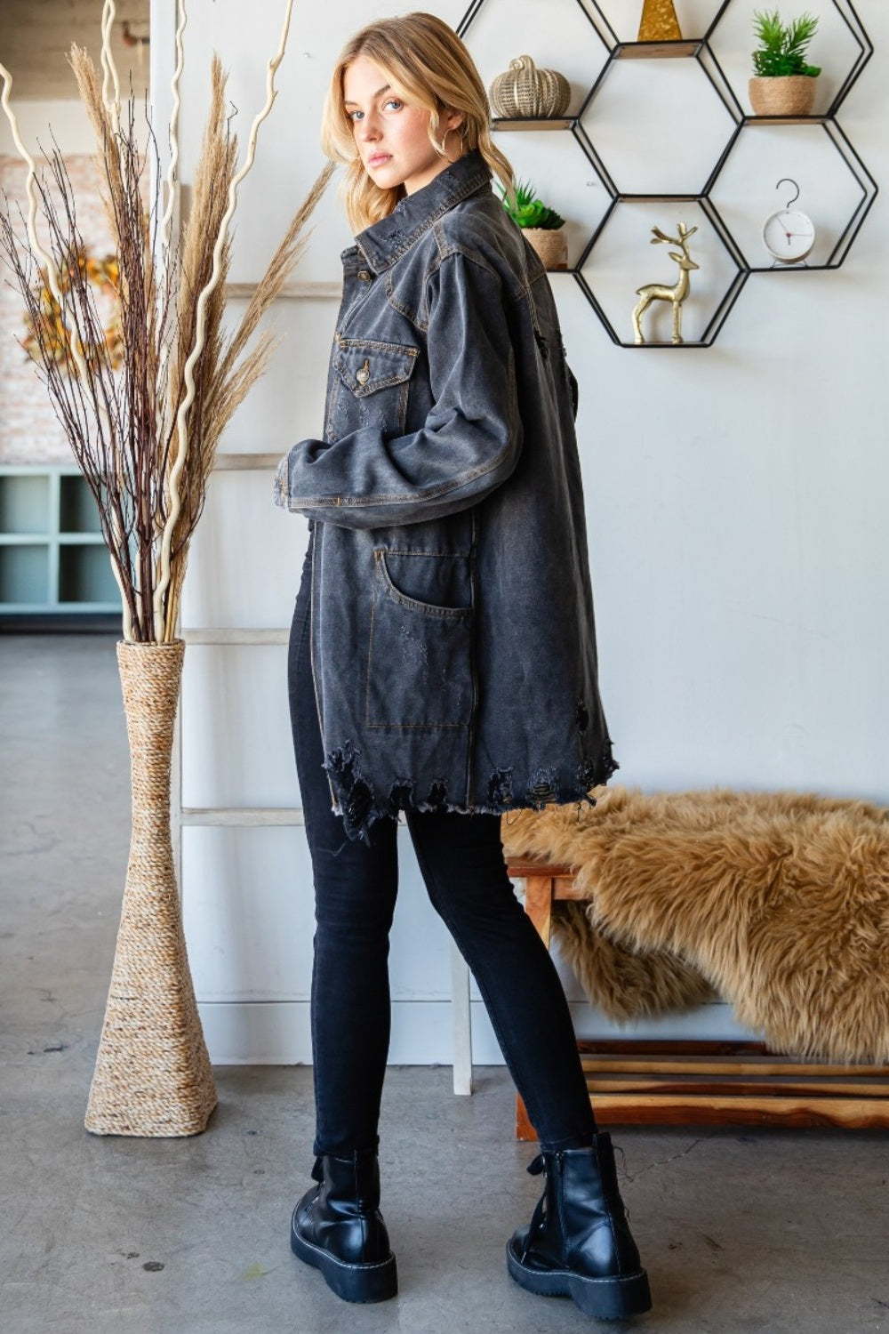 Stilla | Knap Up Distressed Flossede Kant Denim Jakke