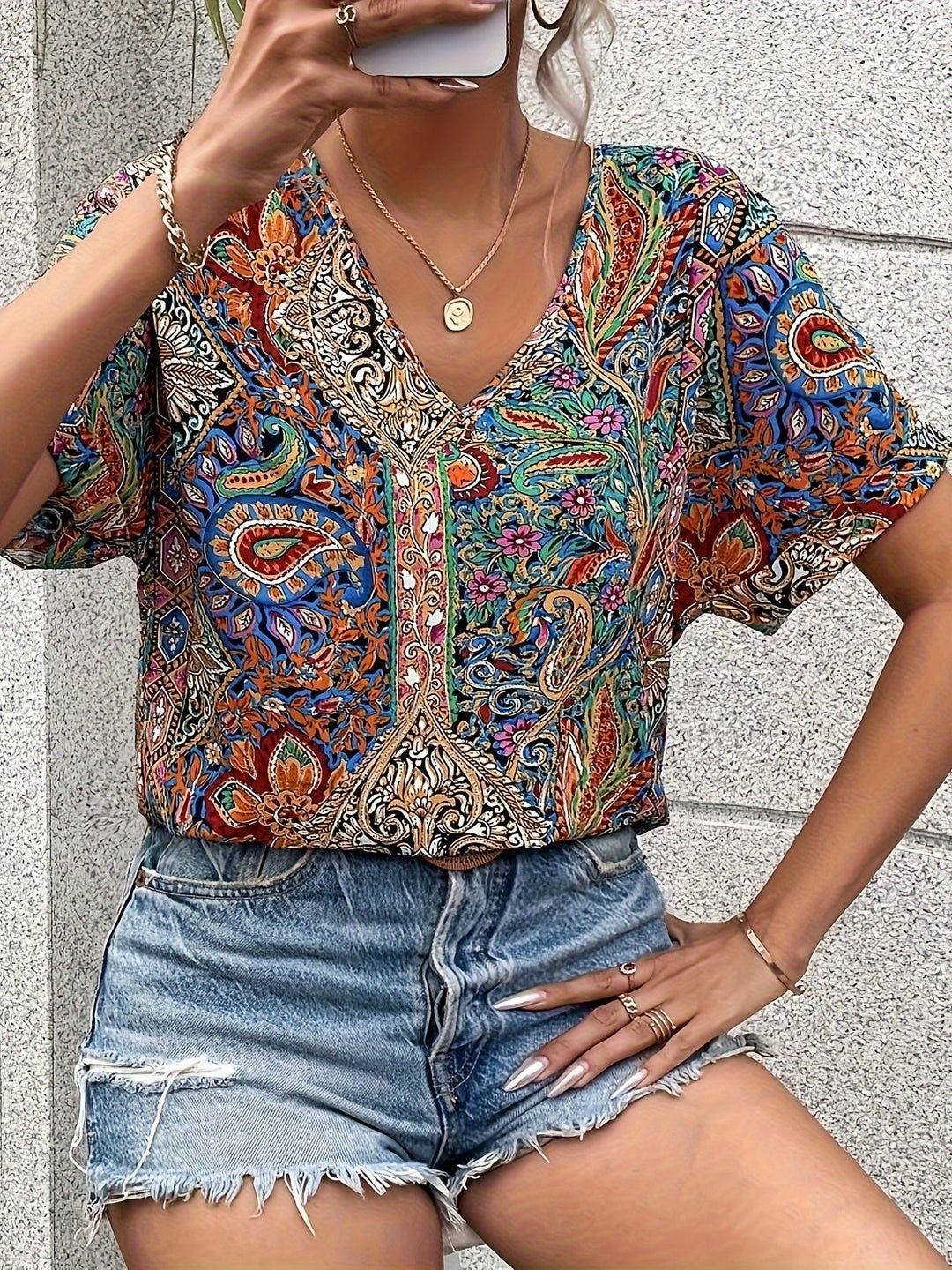 Stilla | Damebluse Med Paisley Mønster V-Hals, Korte Ærmer Årgang Stil, Åndbar