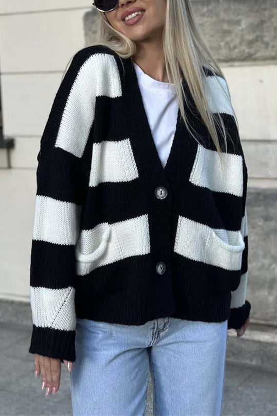Stilla | Stribet Casual Cardigan Med Lange Ærmer, Lommer Og V-udskæring