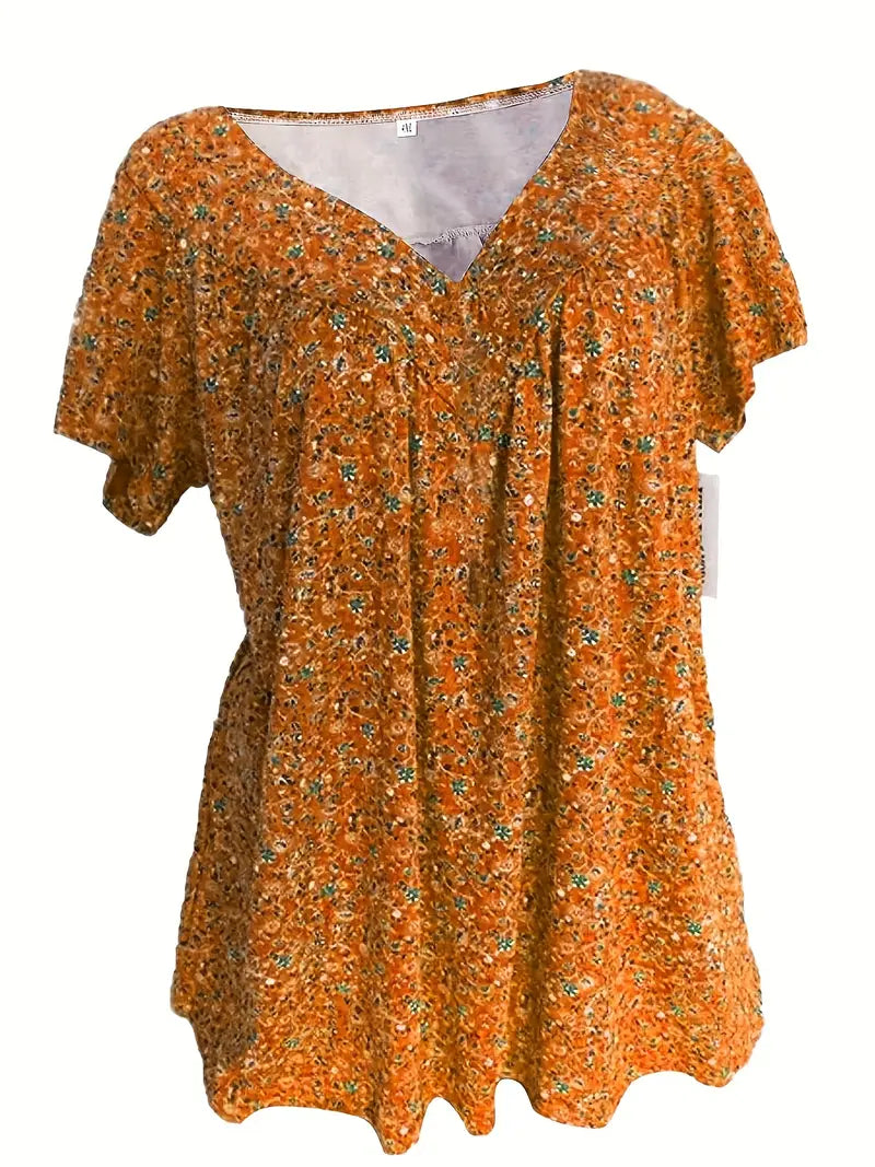 Stilla | Blomster Charm Plus Size V-Hals T-Shirt Med Korte Ærmer Boho T-Shirt
