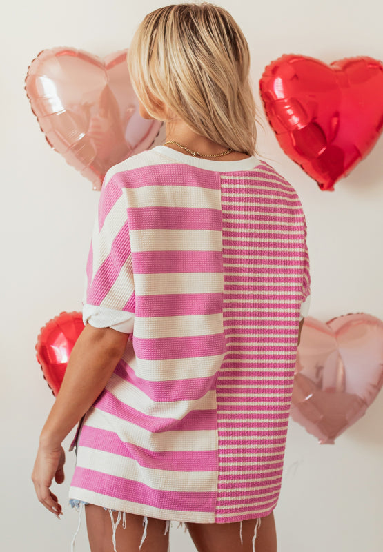 Stilla | Høj-Lav Stribet Rundhalset Kortsleeve T-Shirt