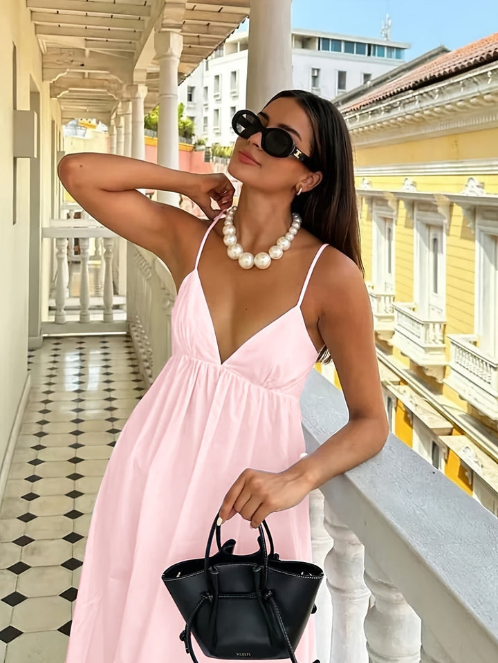 Stilla | Maxi Kjole Uden Ryg Elegant Sommerkjole Med V-Hals, Spaghetti Stropper, Let Polyester