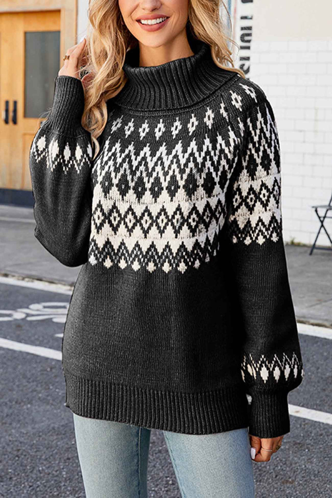 Stilla | Jacquard Pullover Med Rullekrave Og Raglanærmer