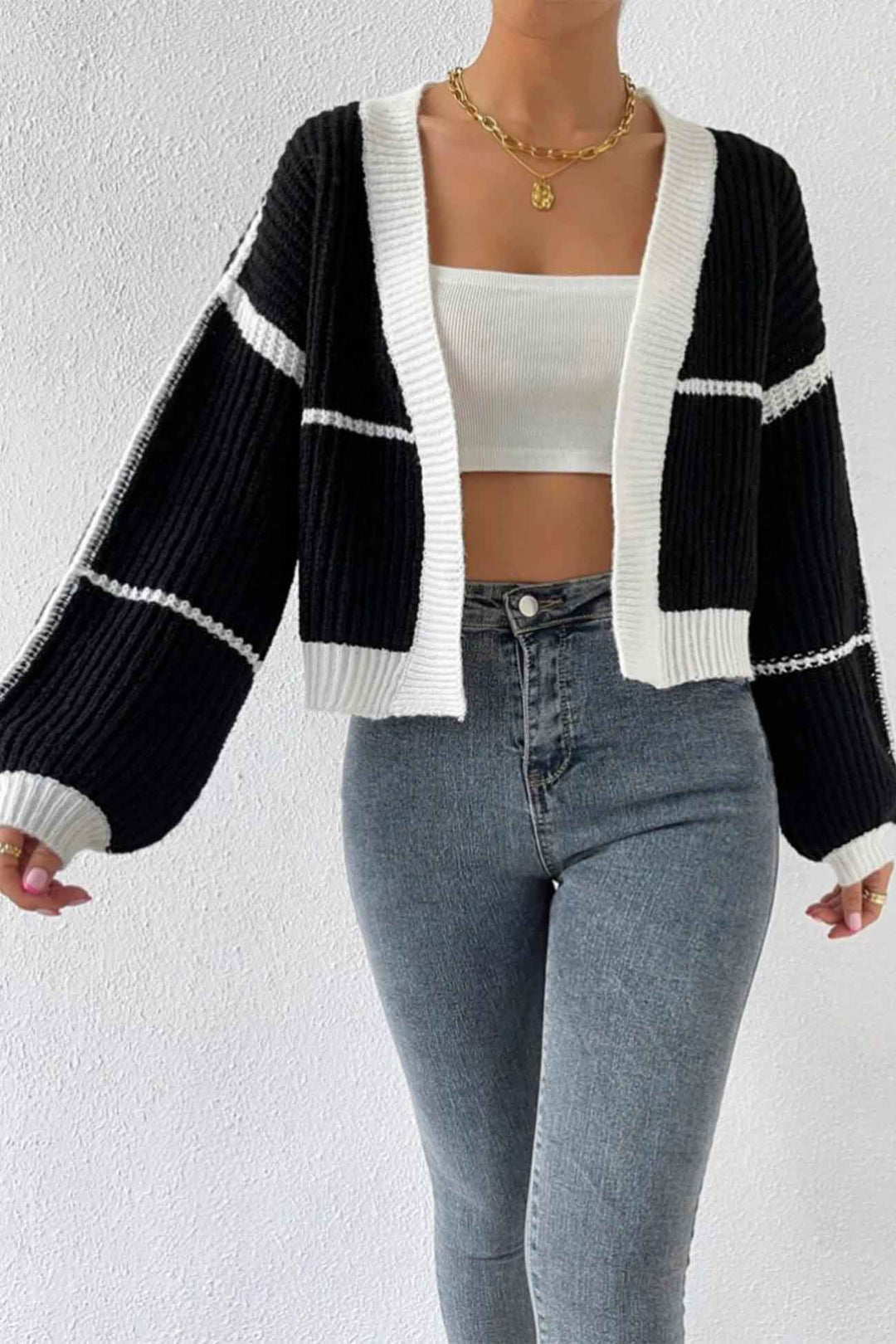 Stilla | Åben Strik Strikjakke Med Patchwork Mønster, Langærmet