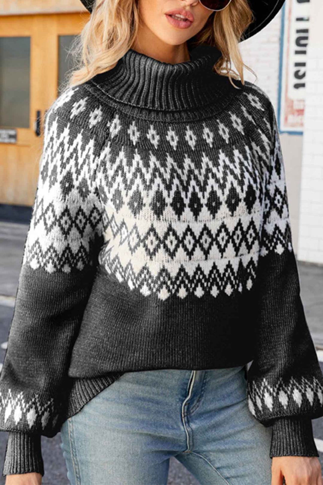 Stilla | Jacquard Pullover Med Rullekrave Og Raglanærmer