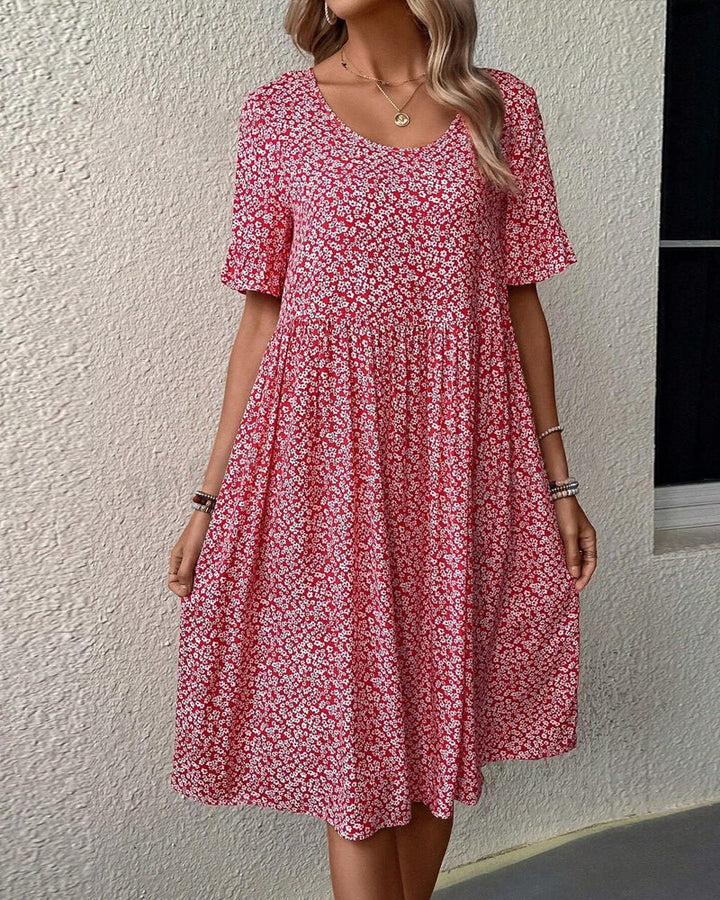 Stilla | Blomstret Elegant Kjole med Rund Hals