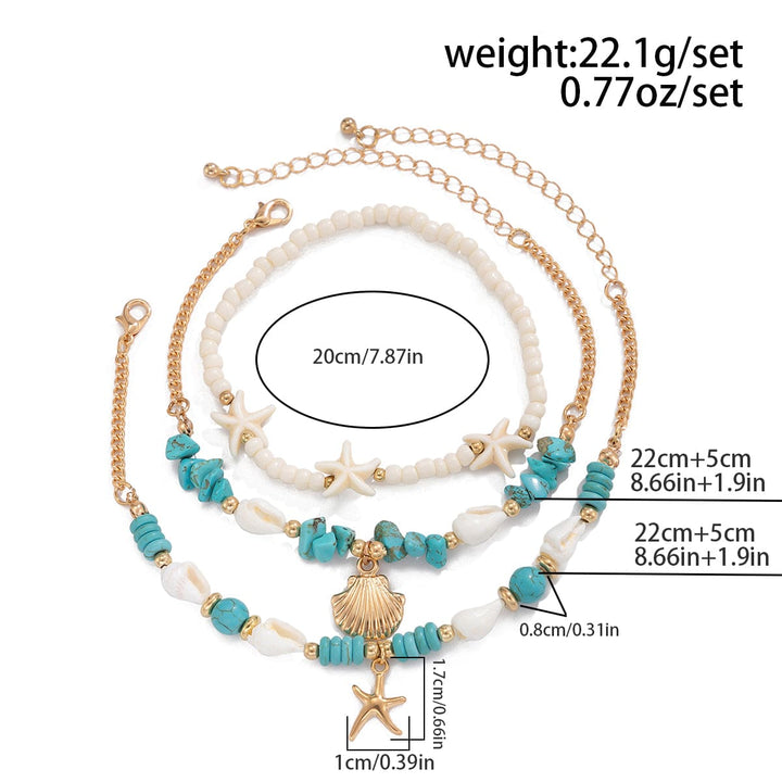 Boho 3Pcs Conch Shell Starfish Charm Turquoise Seed Bead Chain Anklet Set