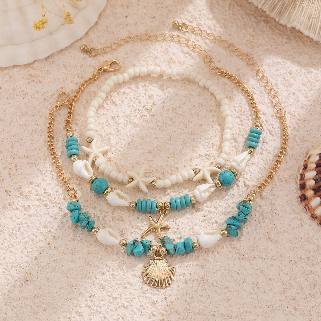 Boho 3Pcs Conch Shell Starfish Charm Turquoise Seed Bead Chain Anklet Set