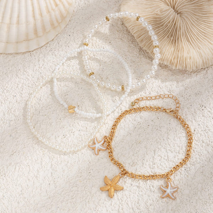 Boho 4Pcs Emalje Søm Starfish Charme Perle Seed Perle Anklet Sæt